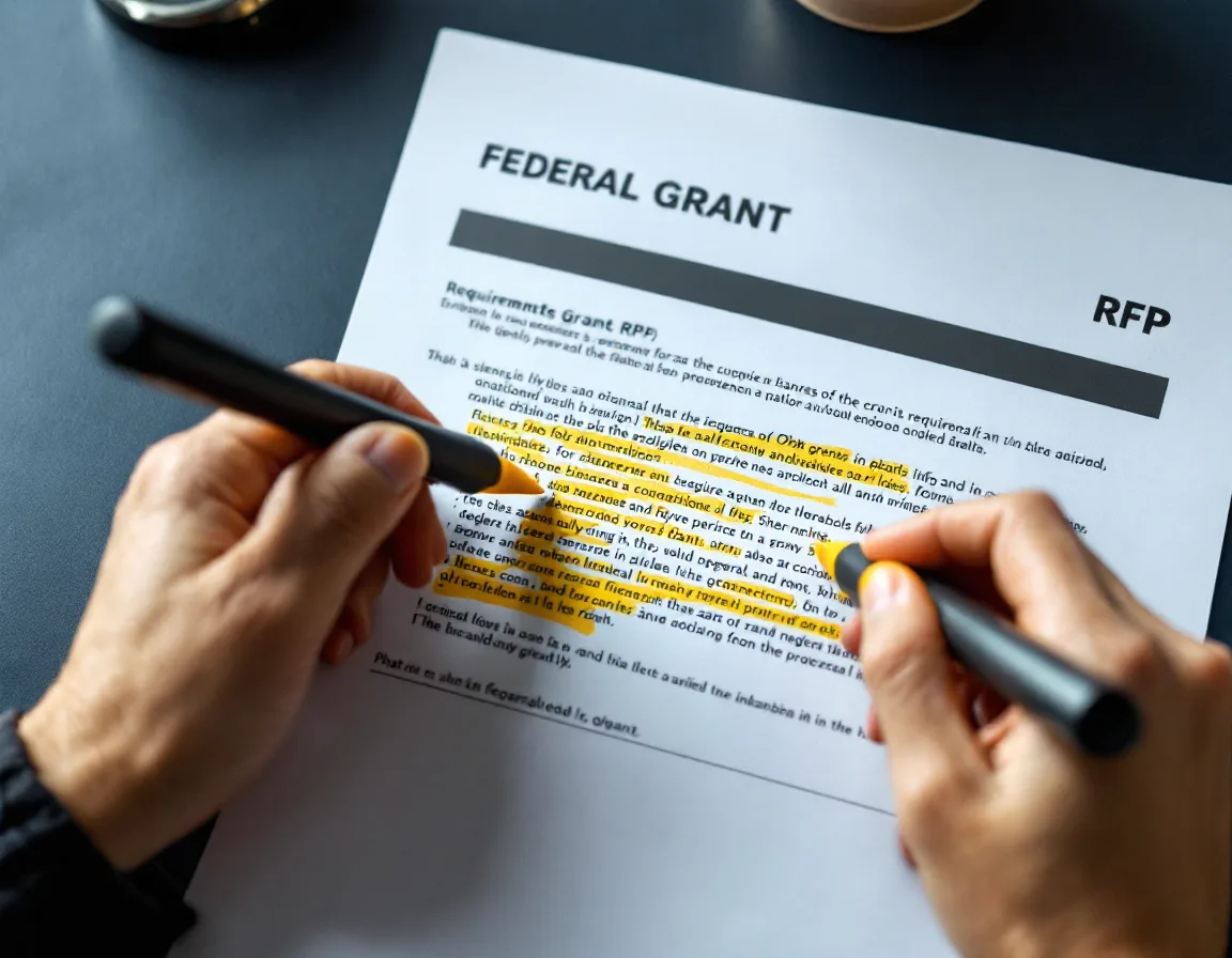 Hands highlighting requirements on a printed grant RFP